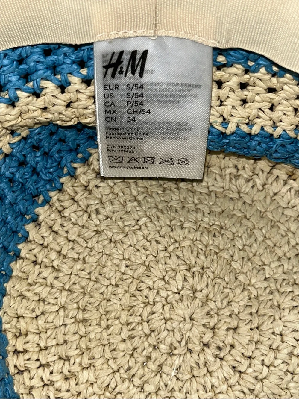 H&M Blue and Cream Striped Crochet Bucket Sun Hat Sz S